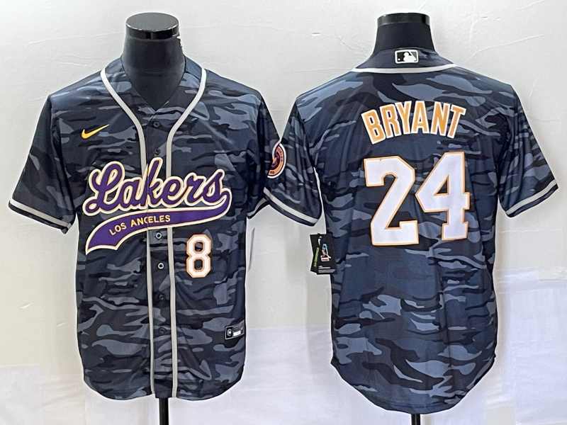 Men's Los Angeles Lakers Front #8 Back #24 Kobe Bryant Gray Camo Cool Base With Patch Stitched Baseball Jersey
